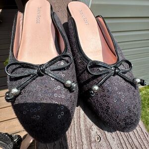 Taryn Rose Black Mules with Sparkly Bow Accents